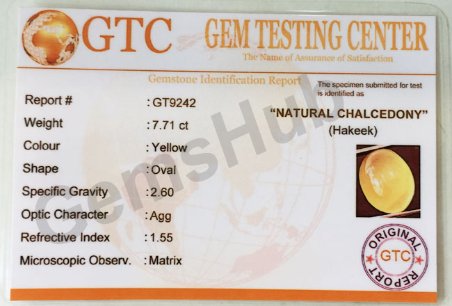 Natural Certified Yellow Hakik Stone, weight - 7.7